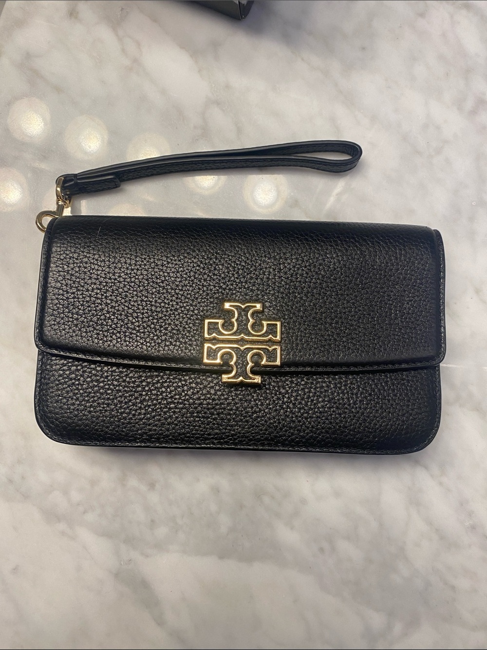 Tory Burch Black Pebbled Leather Wristlet with Gold Logo Hardware